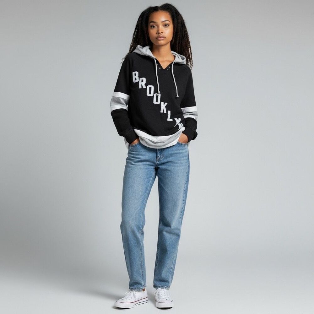 Brooklyn Cloth Black White Gray Brooklyn Logo V neck Cotton Hoodie Sweatshirt M